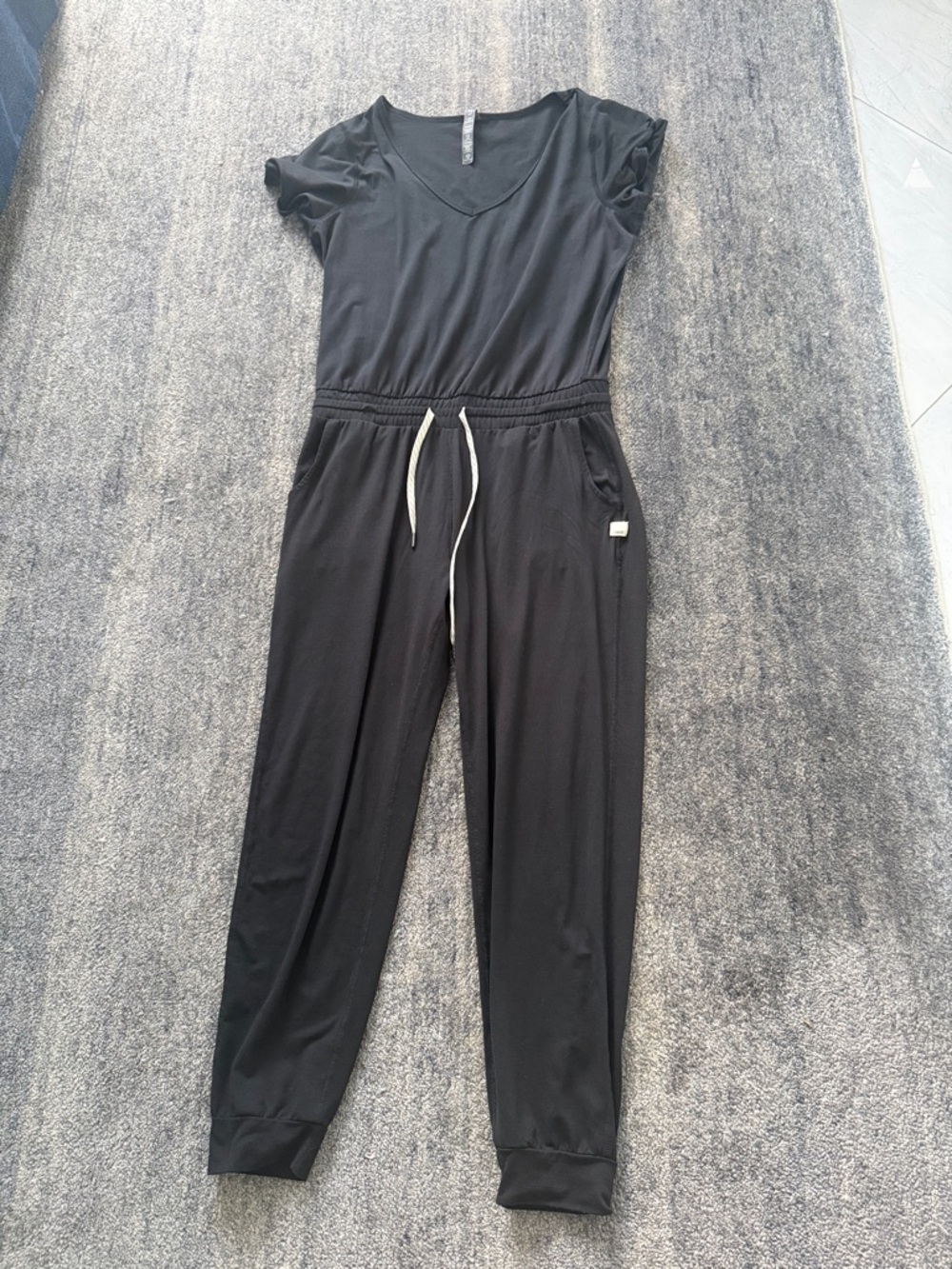Vuori Black Short-Sleeve Drawstring Jumpsuit